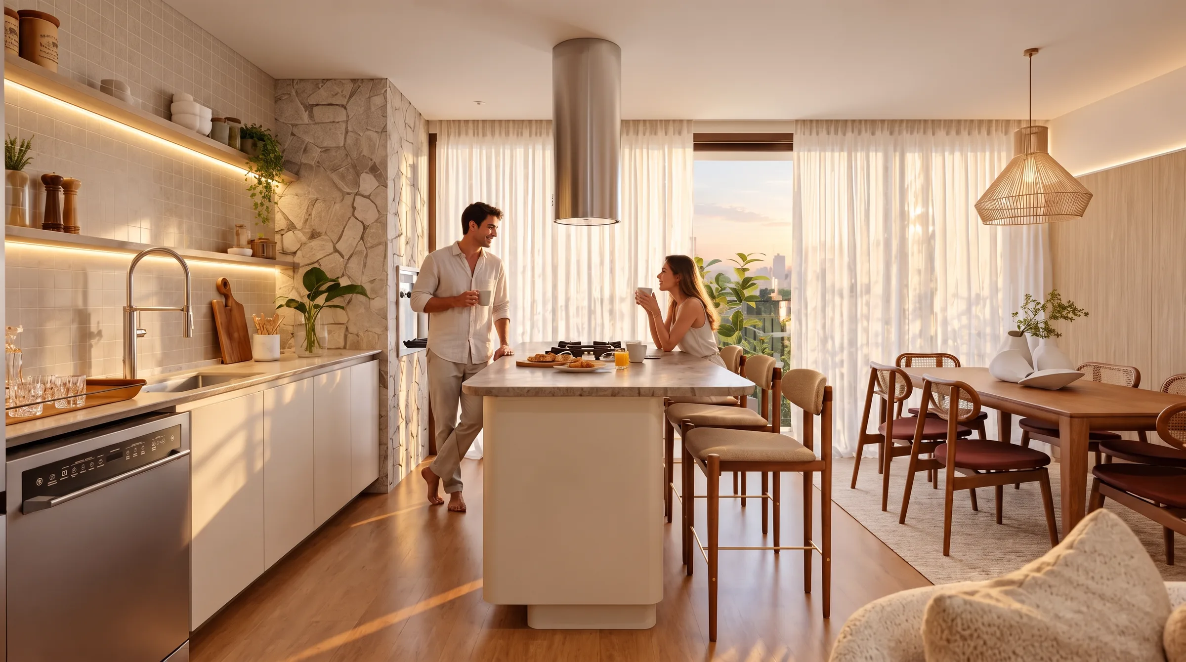 Cozinha do apartamento do AYA, com casal na ilha central e área de jantar integrada ao fundo.