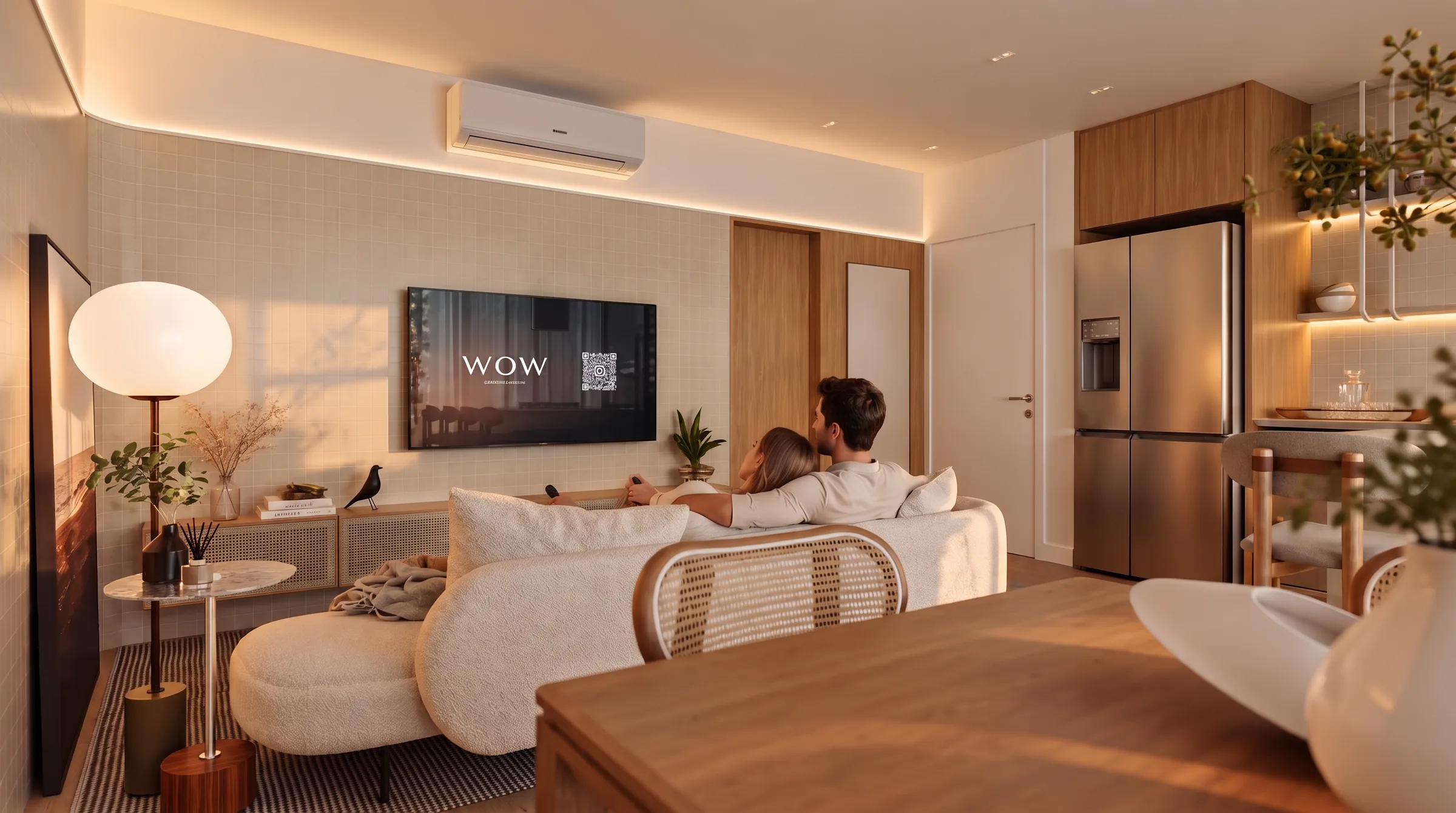 Sala de estar do apartamento do AYA, com casal no sofá assistindo TV, integrada à cozinha ao fundo.