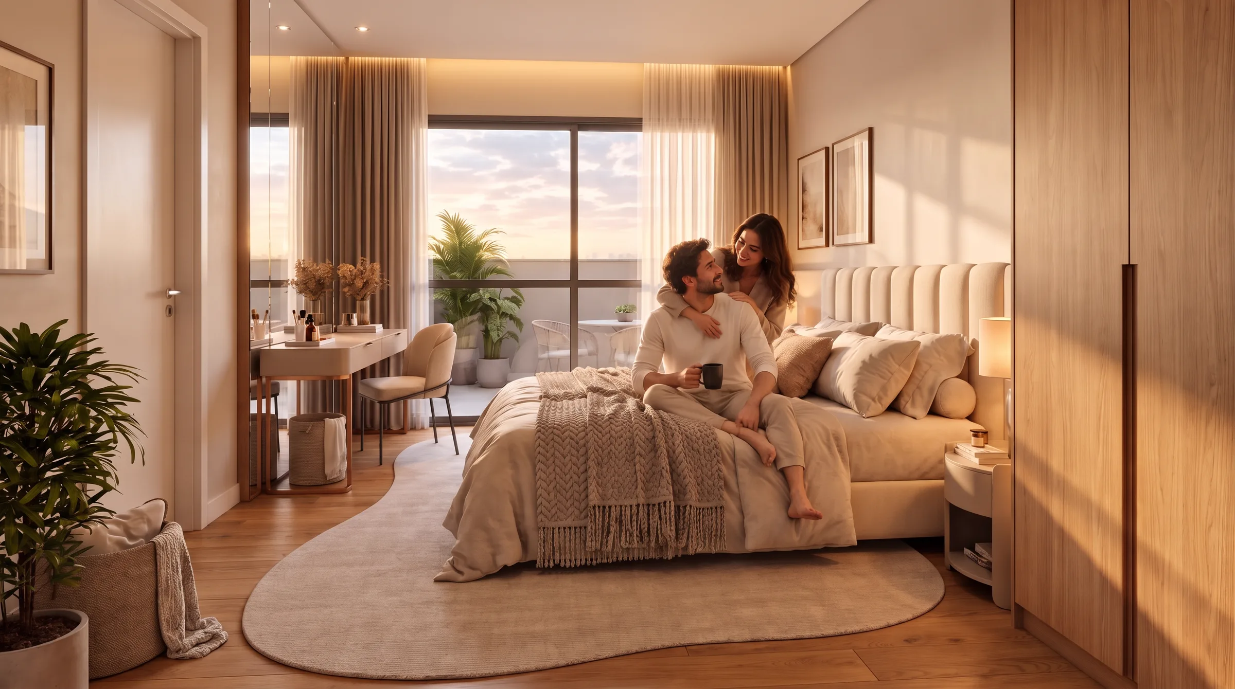Suíte do apartamento do AYA, com casal sentado na cama ao entardecer e porta de vidro aberta para o terraço.