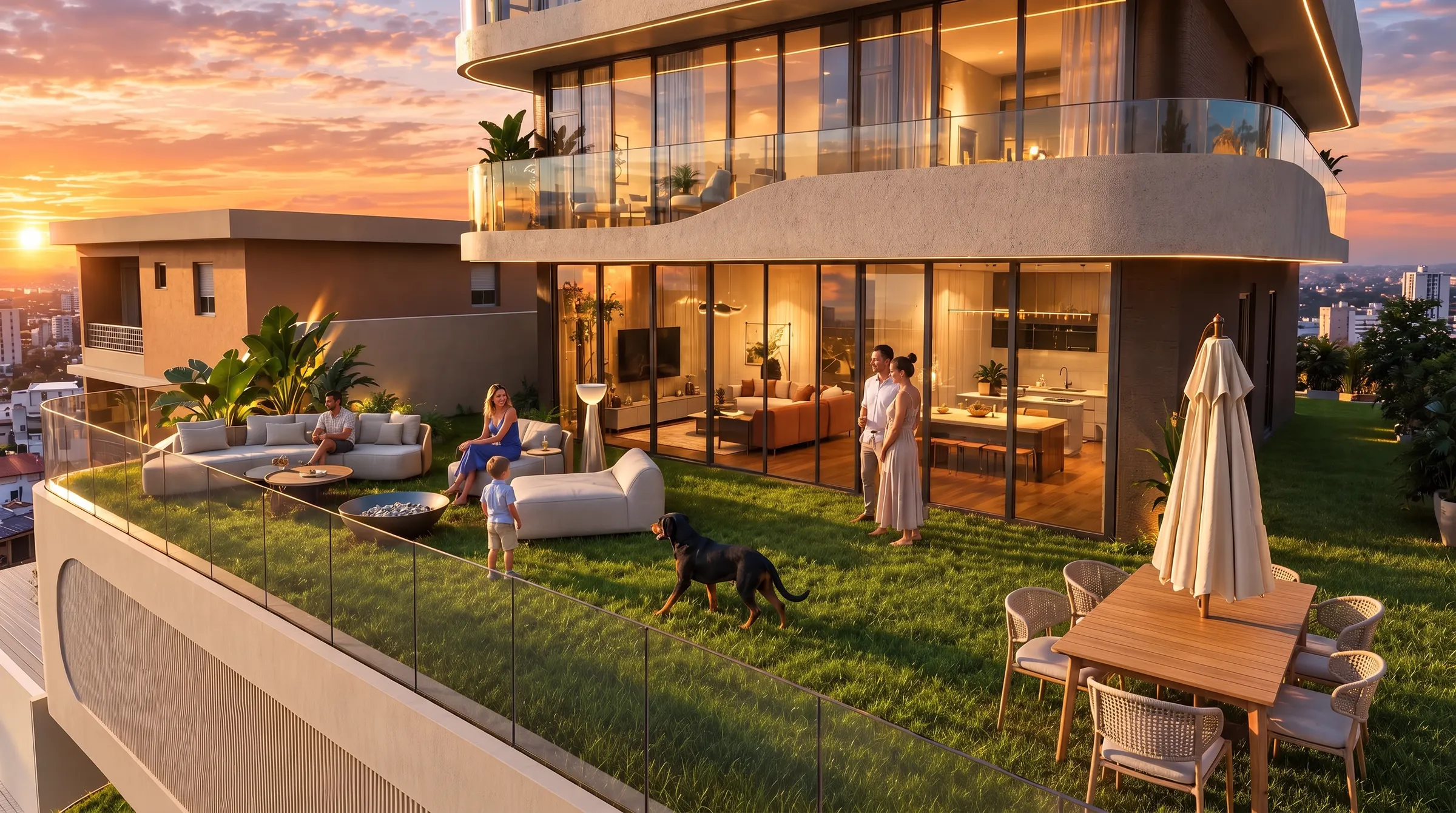 Terraço garden do apartamento do AYA ao pôr do sol, com família reunida no gramado, área de estar e vista para a cidade.