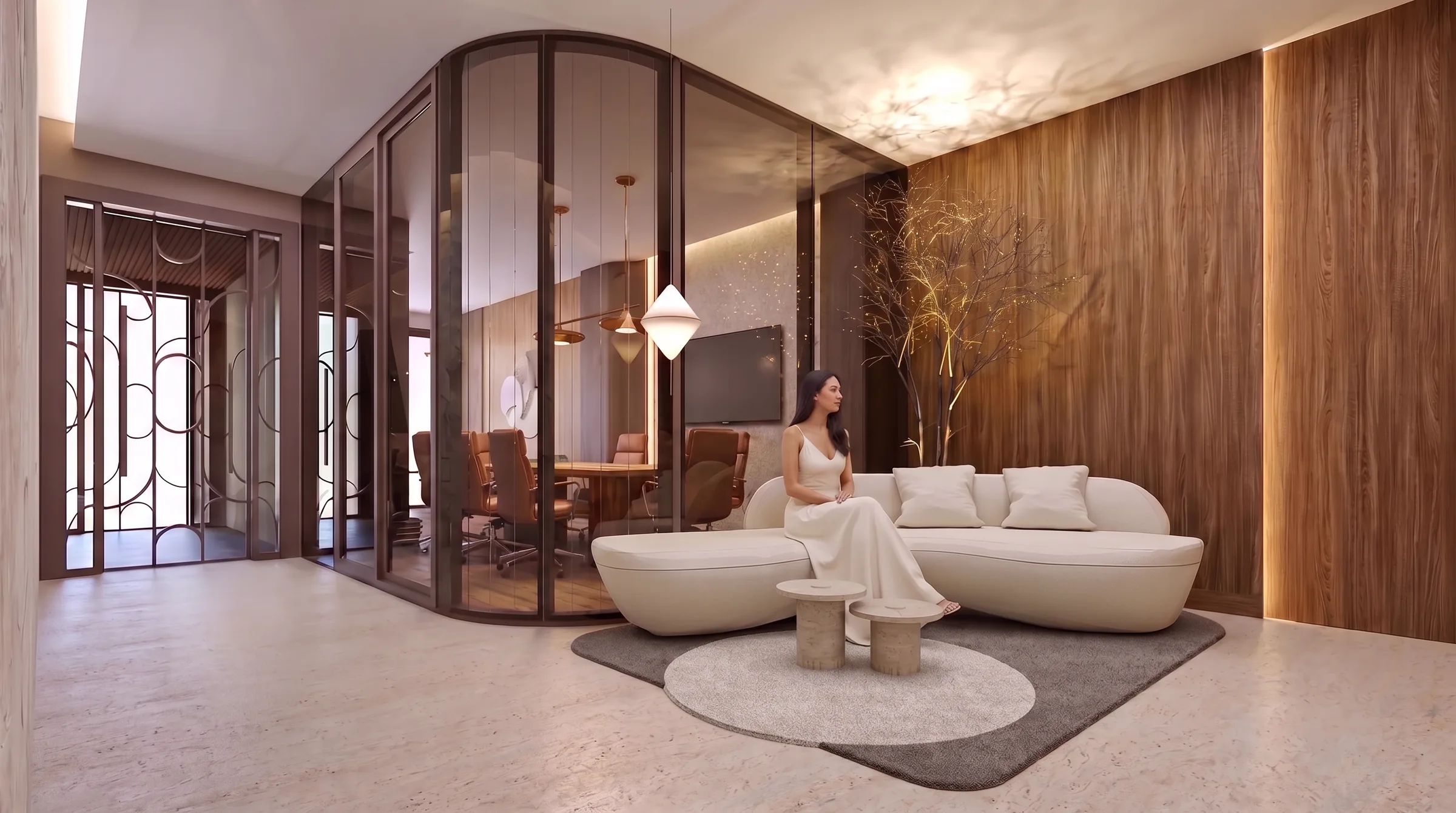 Hall de entrada do AYA, com sala de estar integrada a uma sala de reuniões envidraçada.