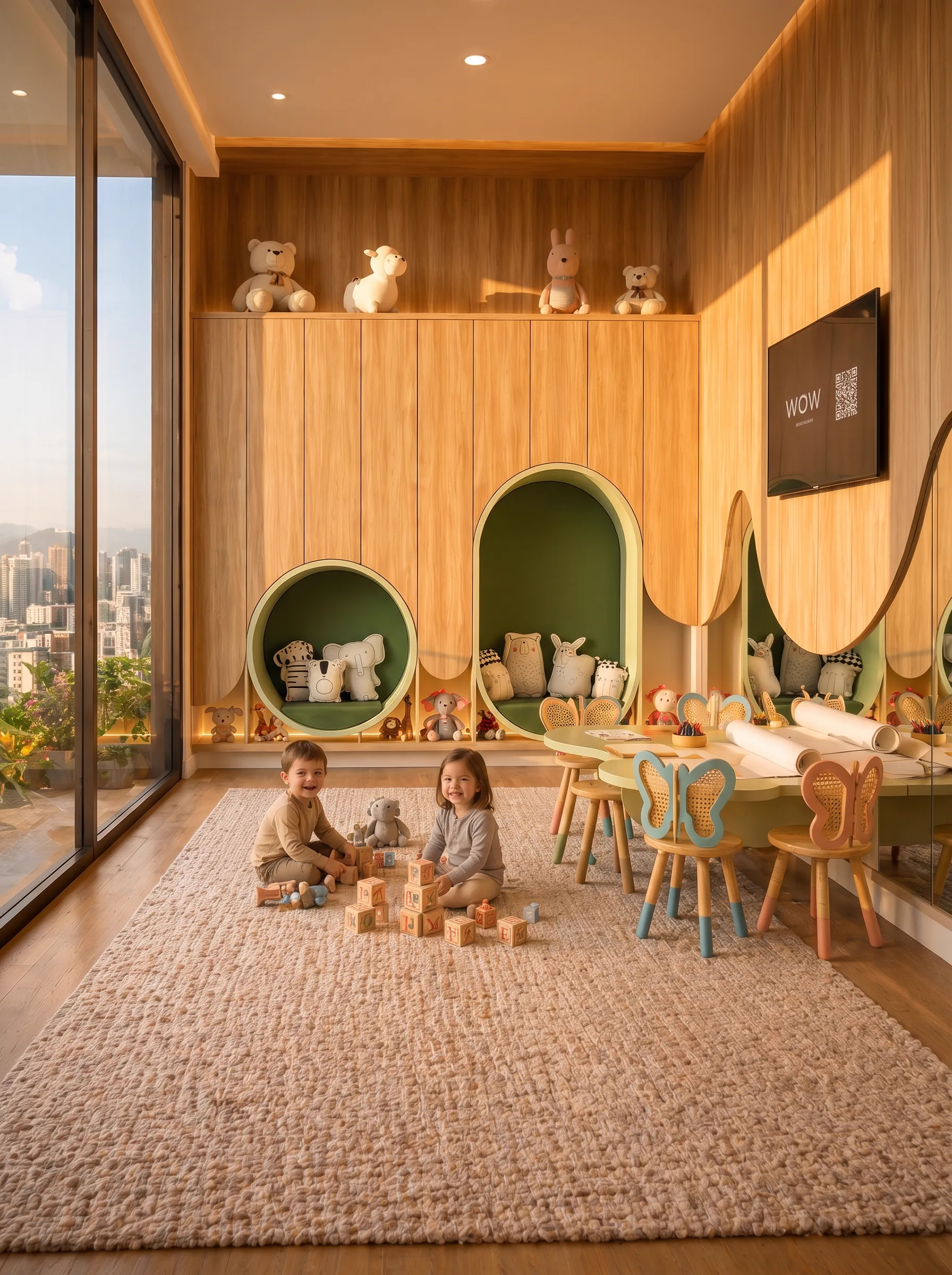 Espaço kids do AYA, com nichos de leitura, mesa de atividades e crianças brincando sobre o tapete.