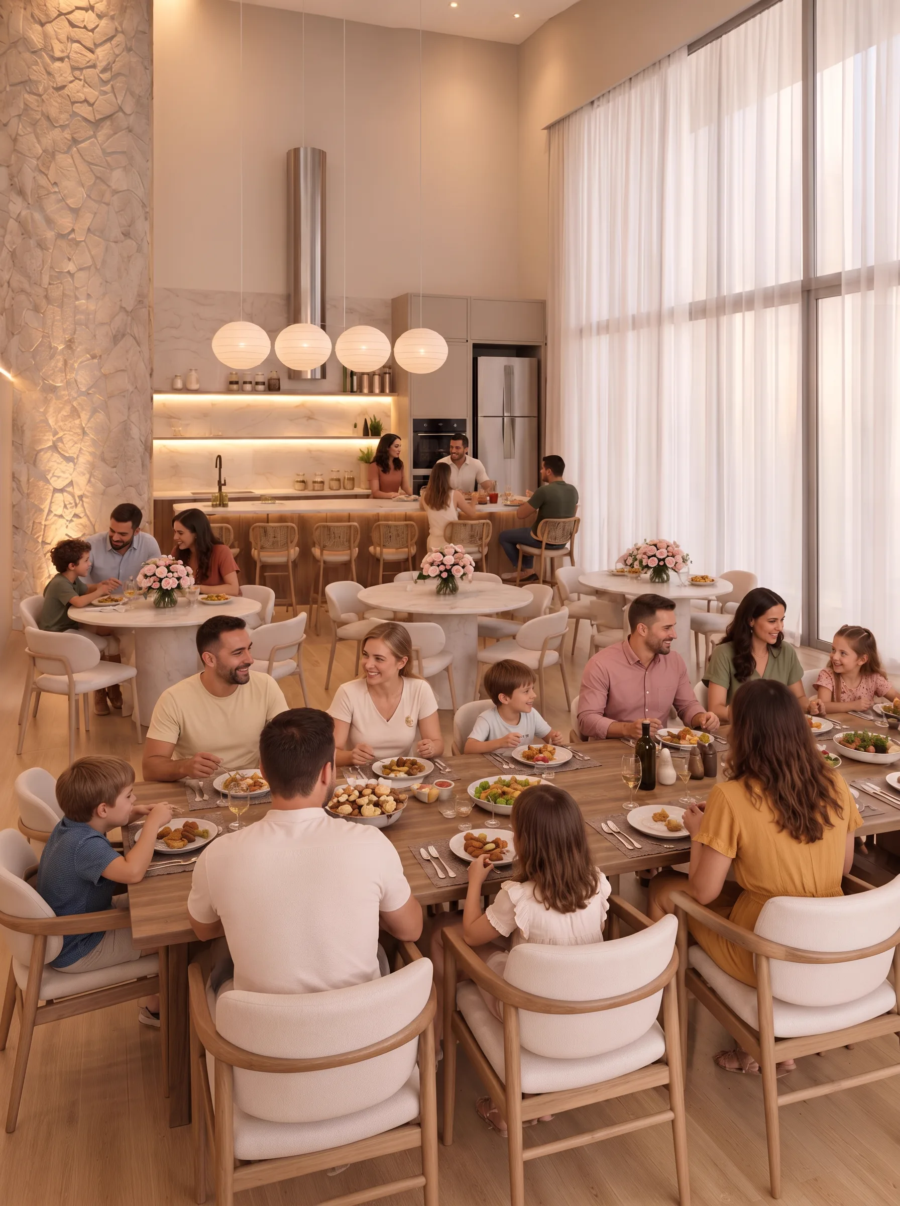Salão de festas do AYA visto de cima, com famílias reunidas às mesas e cozinha gourmet ao fundo.