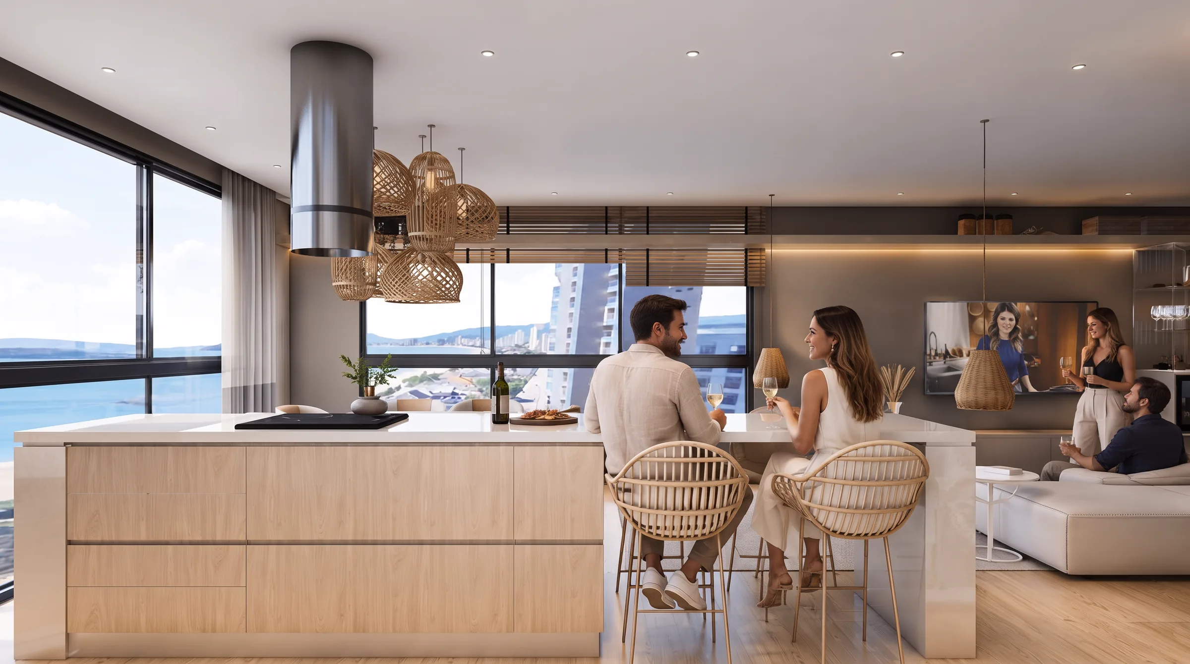 Cozinha integrada do apartamento do Kowalski Residencial, com bancada e vista para o mar.