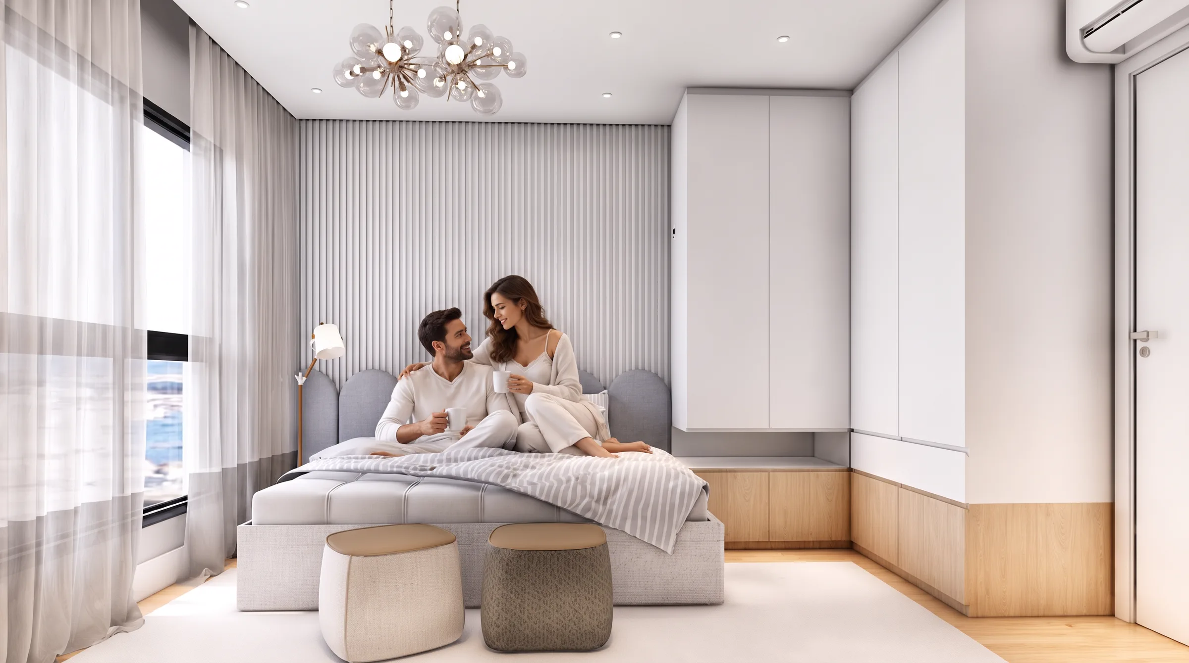Suíte principal do apartamento do Kowalski Residencial, com cama de casal e janela para o mar.