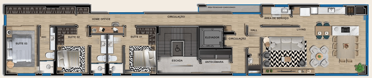 Planta do apartamento do Kowalski Residencial, com três suítes e living integrado.