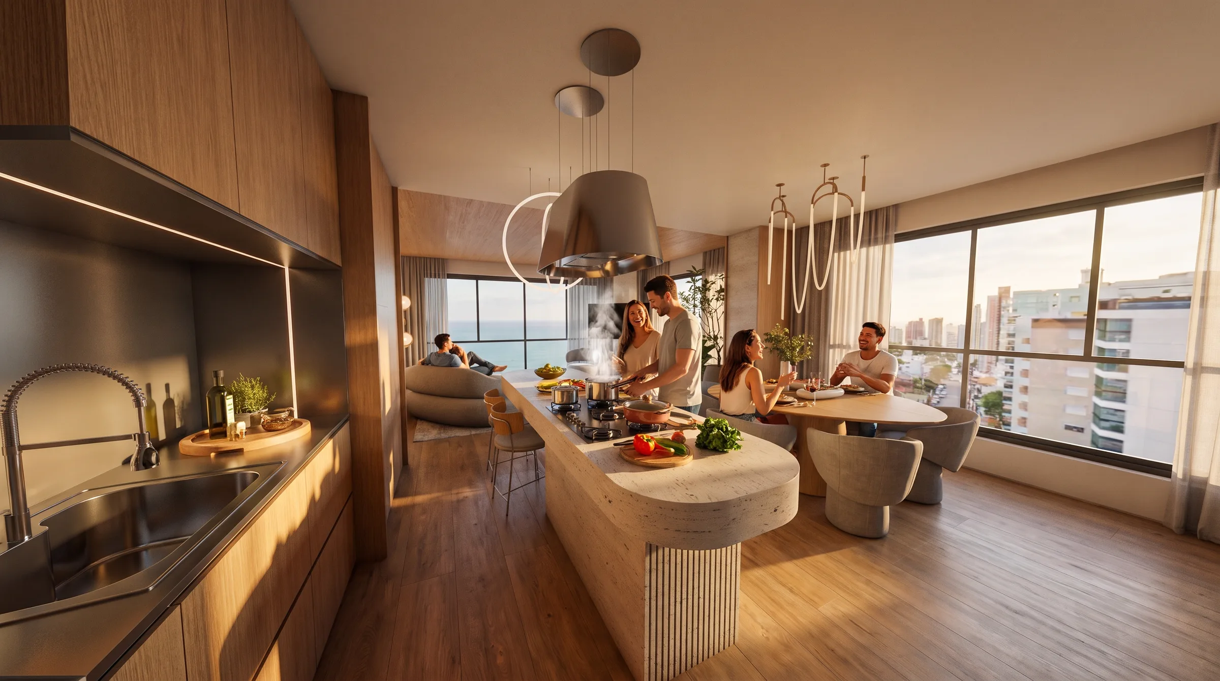 Cozinha integrada com a sala de estar do apartamento do Octtano View Residence, com ilha e vista para a cidade.