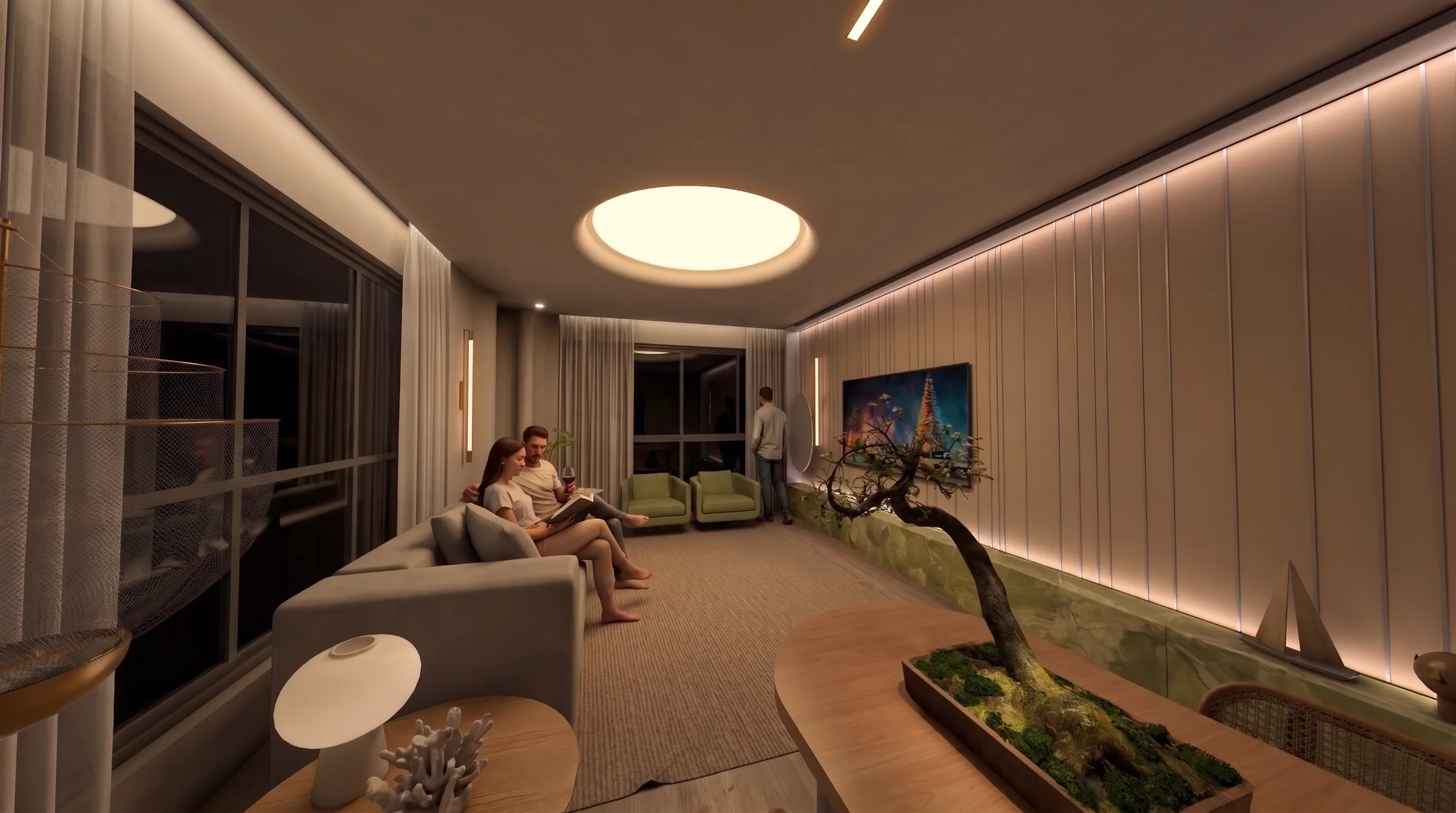 Segunda sala de estar do apartamento do Octtano View Residence, com iluminação noturna e marcenaria em madeira.