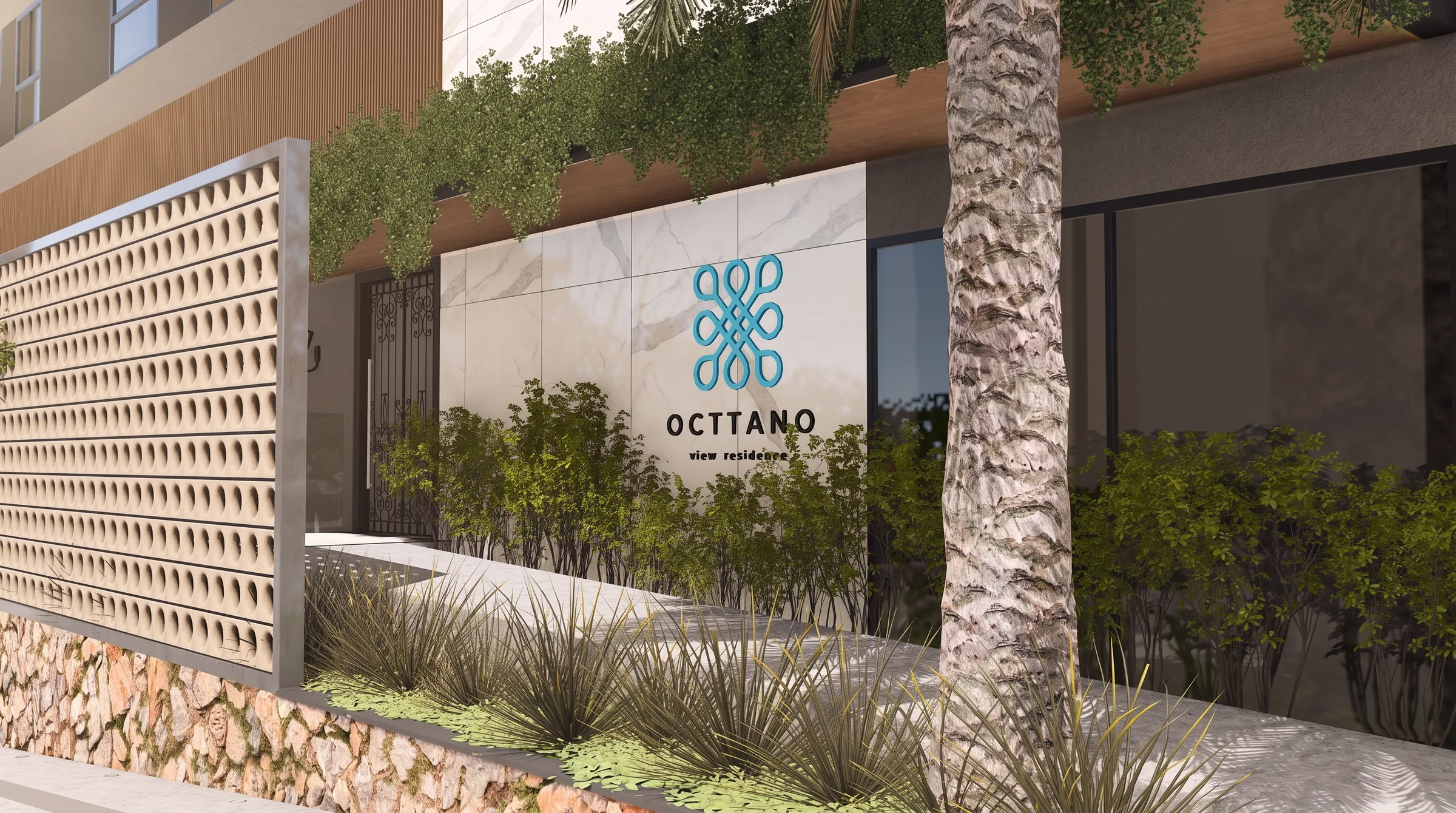Entrada do Octtano View Residence, com o símbolo e o nome do empreendimento na fachada em mármore.