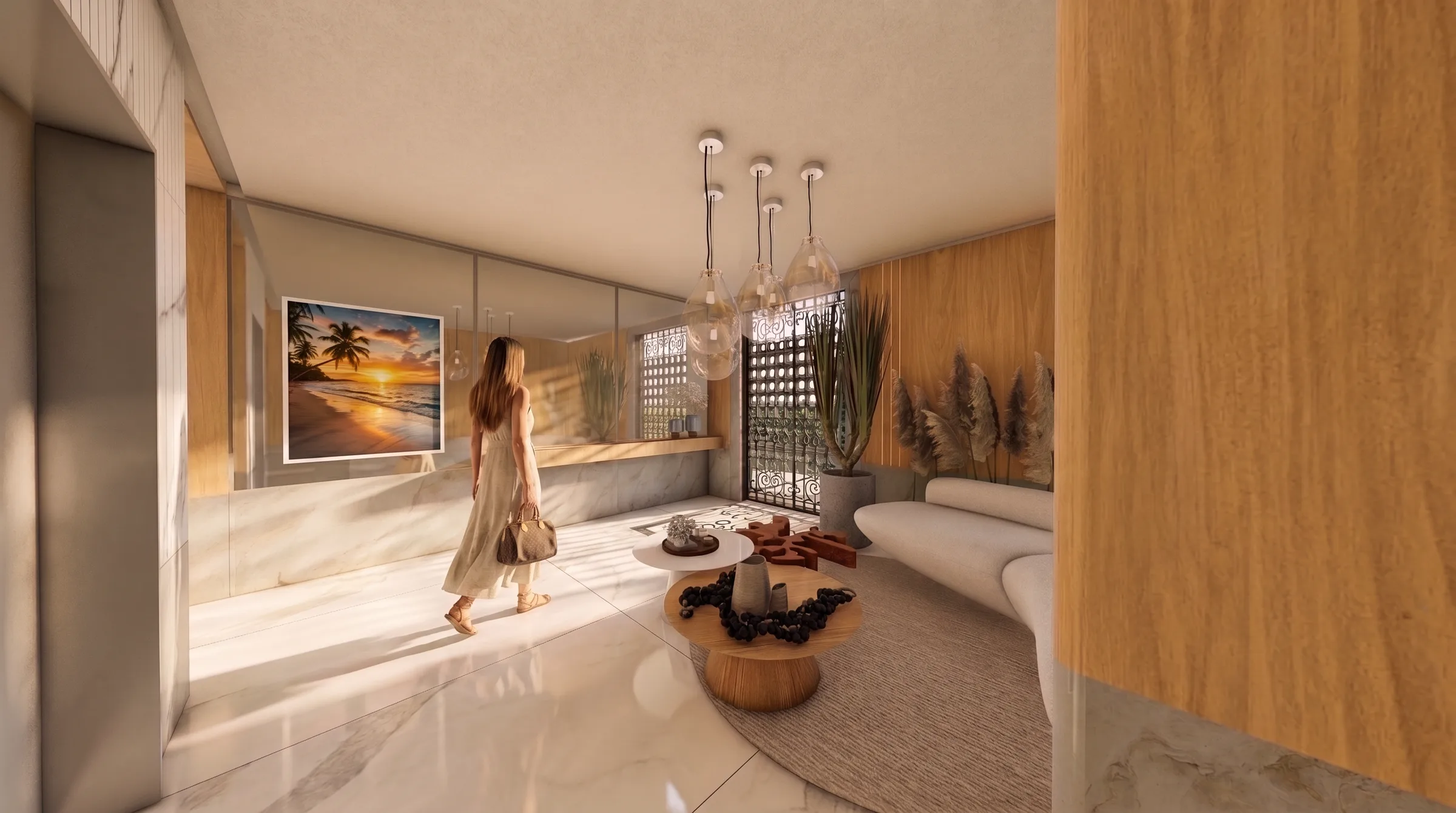 Hall de entrada do Octtano, com marcenaria em madeira, pendentes de vidro e acabamento em mármore.