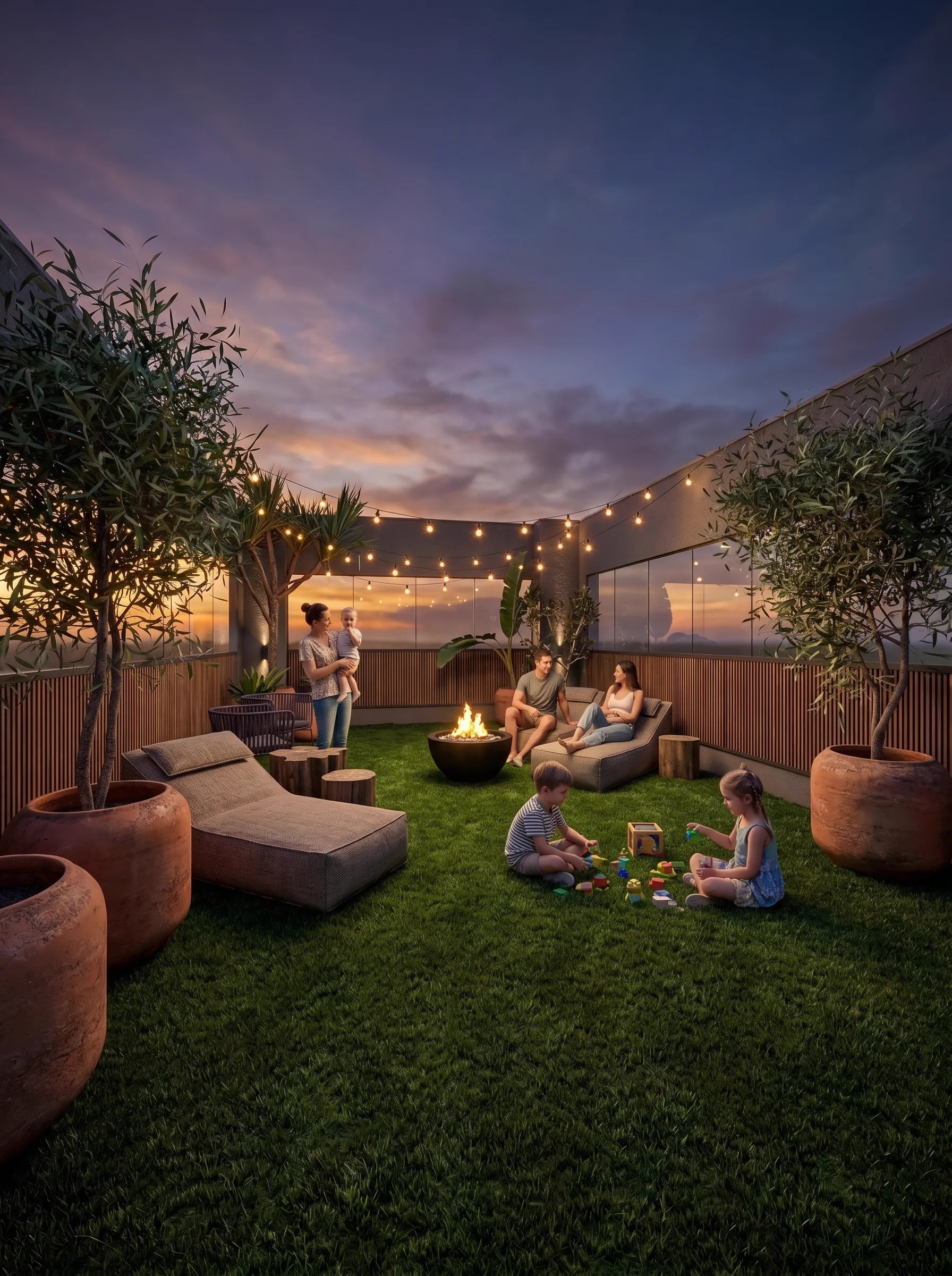 Jardim do rooftop do Octtano ao entardecer, com fogueira e família reunida na grama.