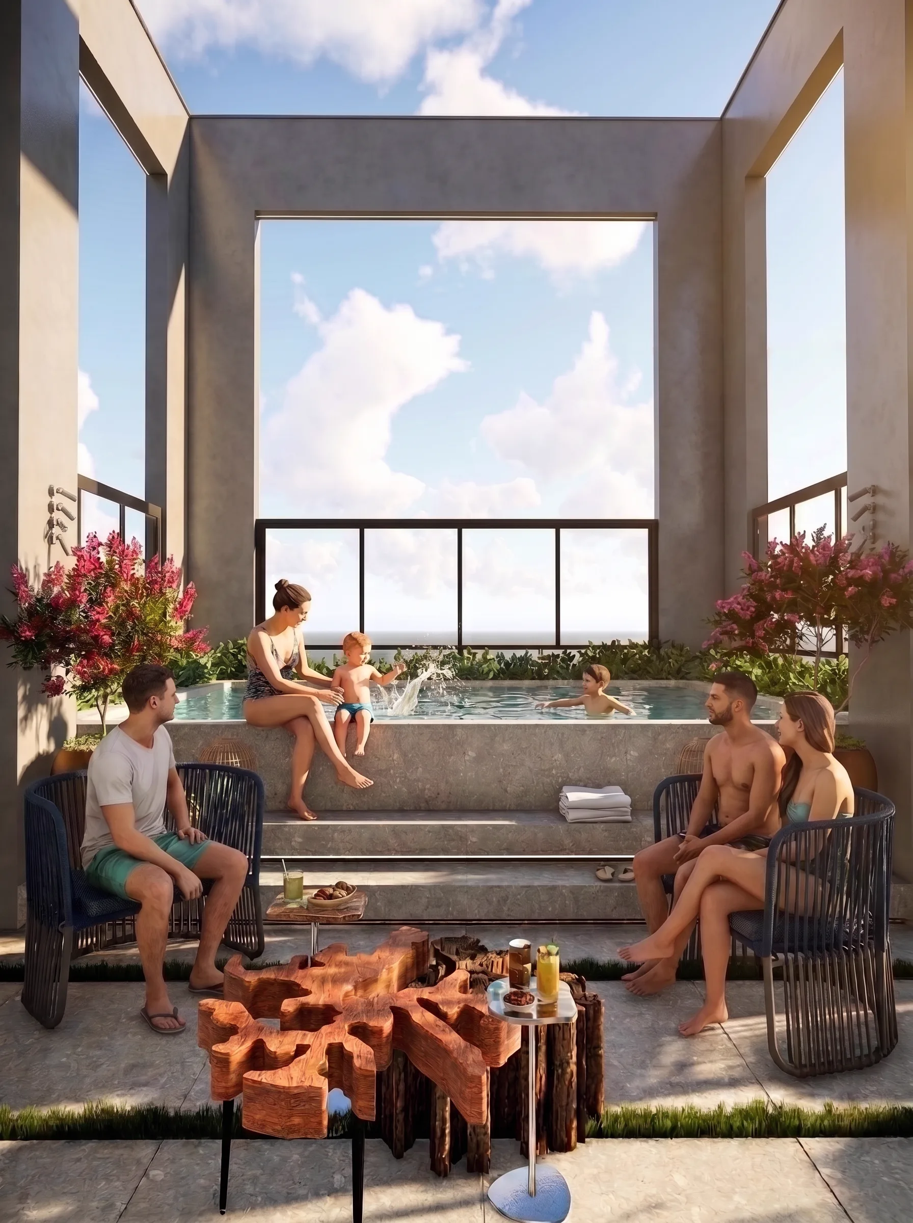 Piscina do rooftop do Octtano View Residence, com família aproveitando a tarde.