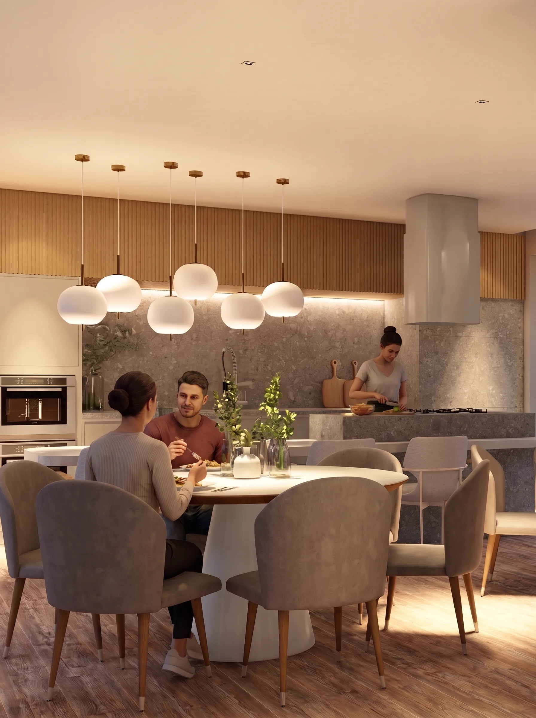 Salão de festas do Octtano View Residence, com cozinha integrada e mesa posta.