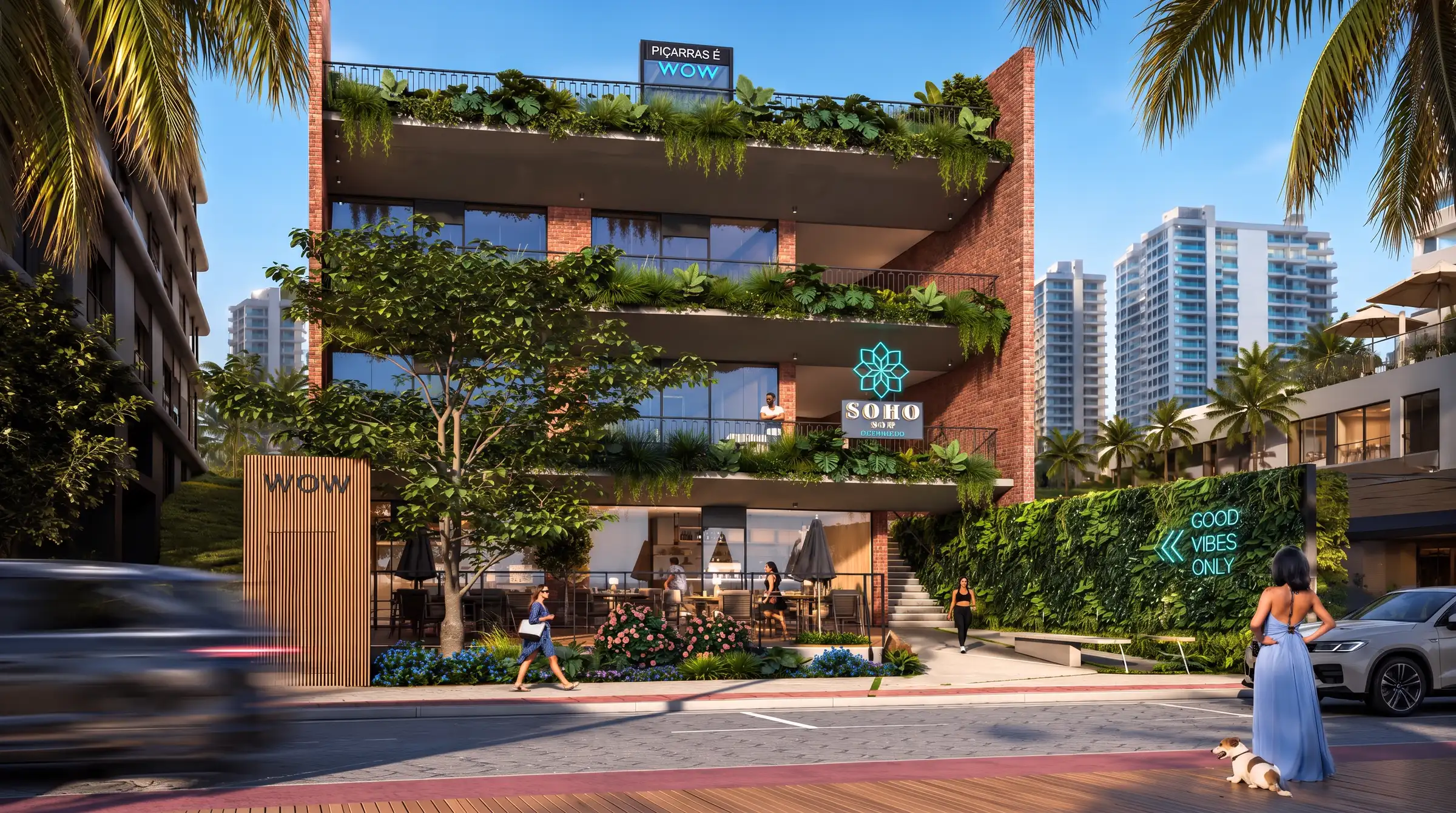 Fachada do Soho WOW Boulevard vista da Avenida Nereu Ramos, com os três níveis de terraços ajardinados sobre a rua.
