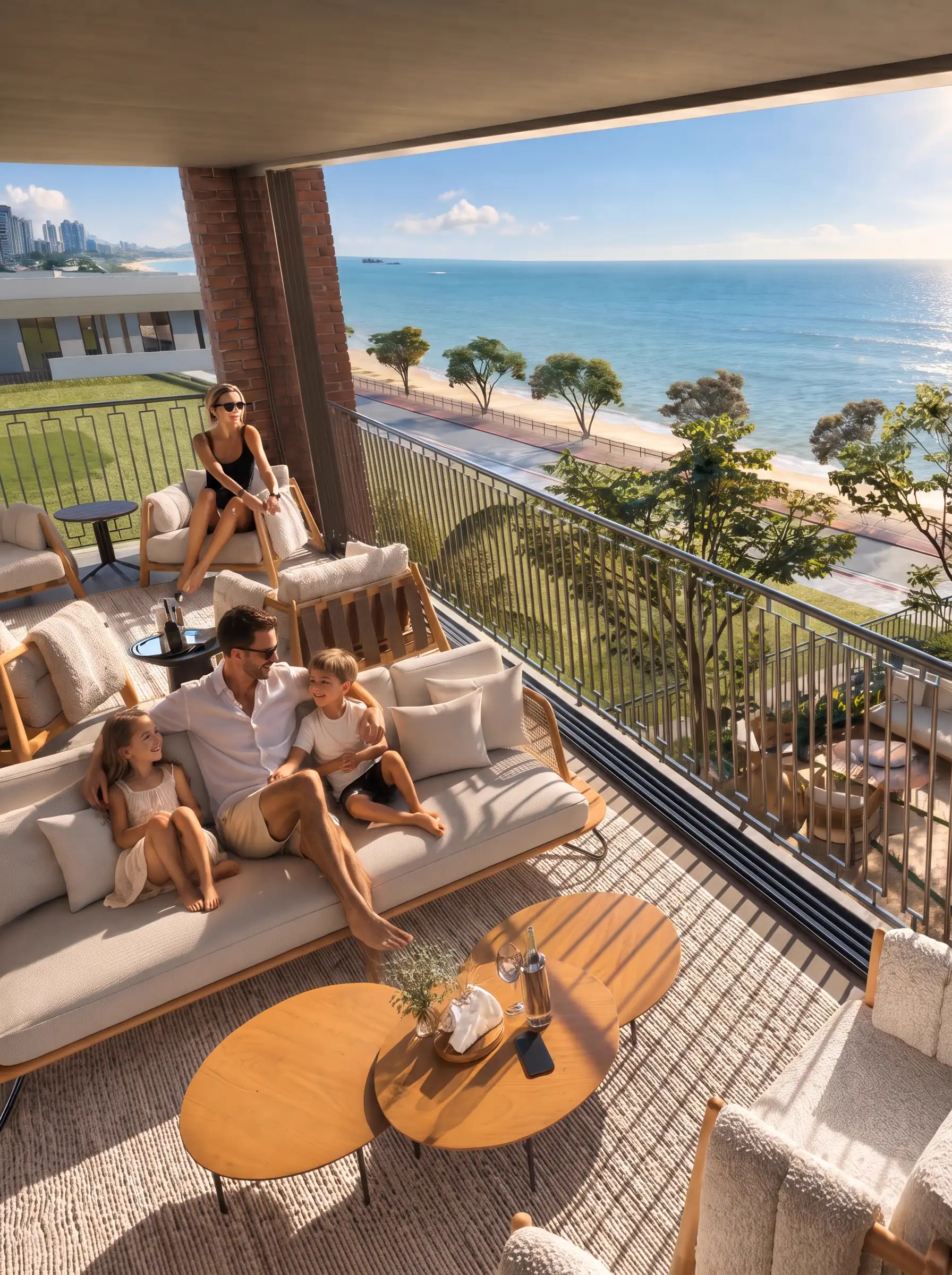Espaço de convivência do Soho WOW Boulevard com sofás e vista para o mar.