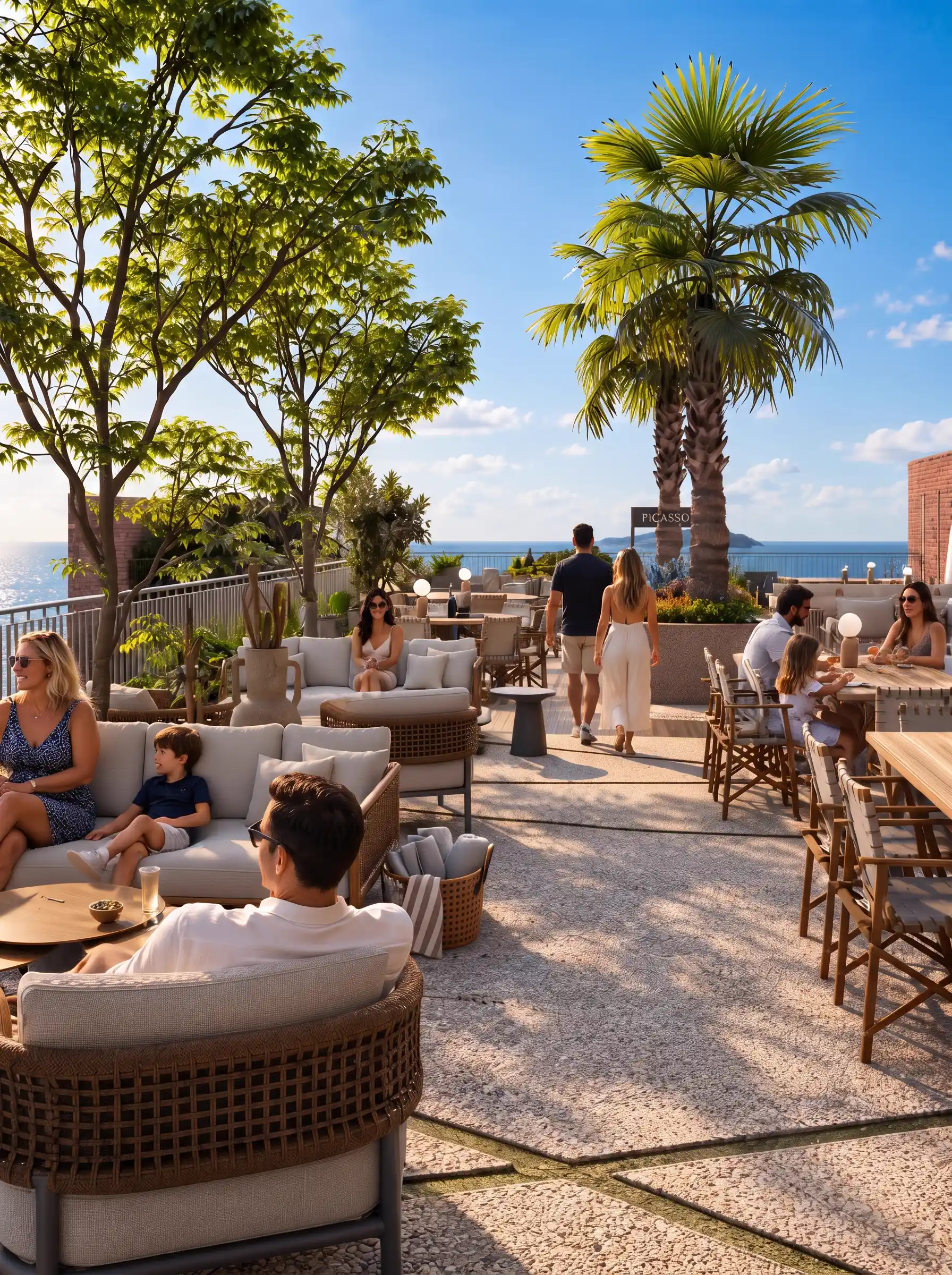 Terraço com mesas para refeições do Soho WOW Boulevard, cercado por palmeiras.