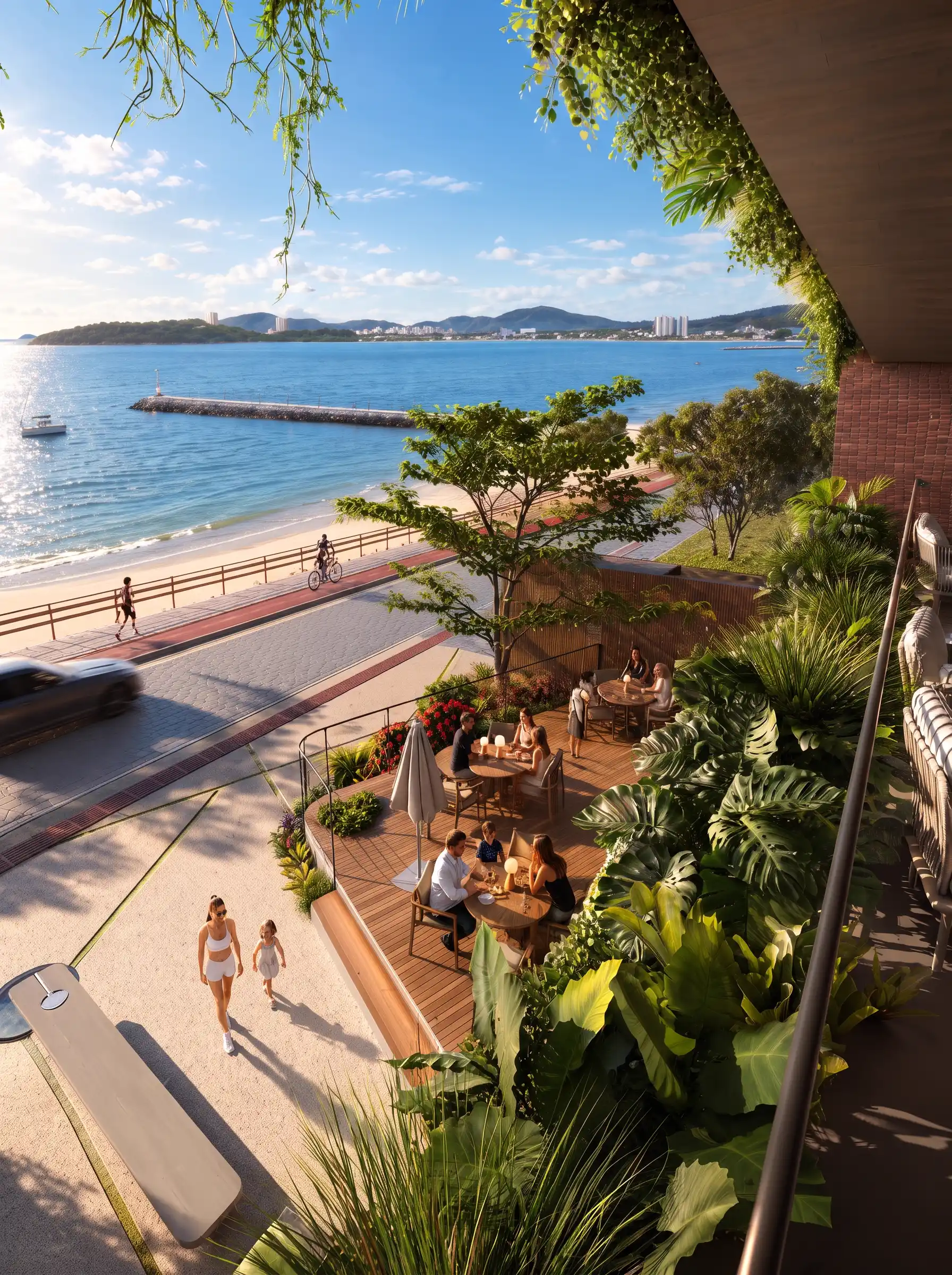 Terraço à beira-mar do Soho WOW Boulevard, com vista para a praia.