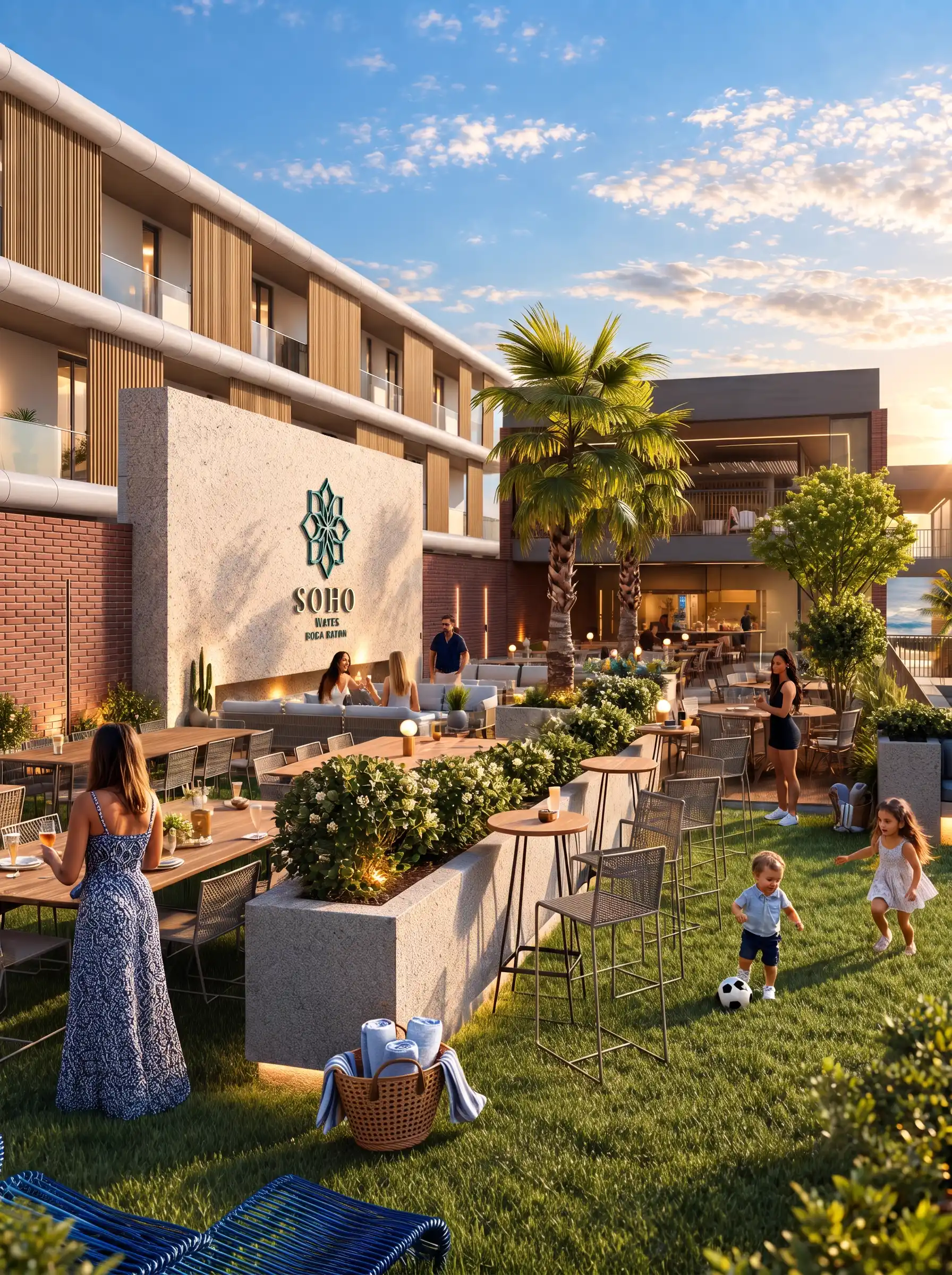 Área comum do Soho WOW Boulevard com gramado, crianças brincando e famílias reunidas em frente à fachada do prédio.