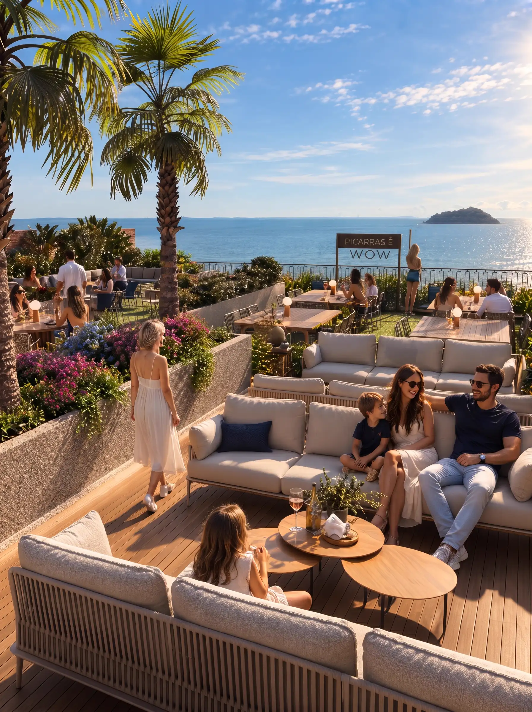 Terraço do rooftop do Soho WOW Boulevard ao pôr do sol, com mesas, sofás e vista para o mar.