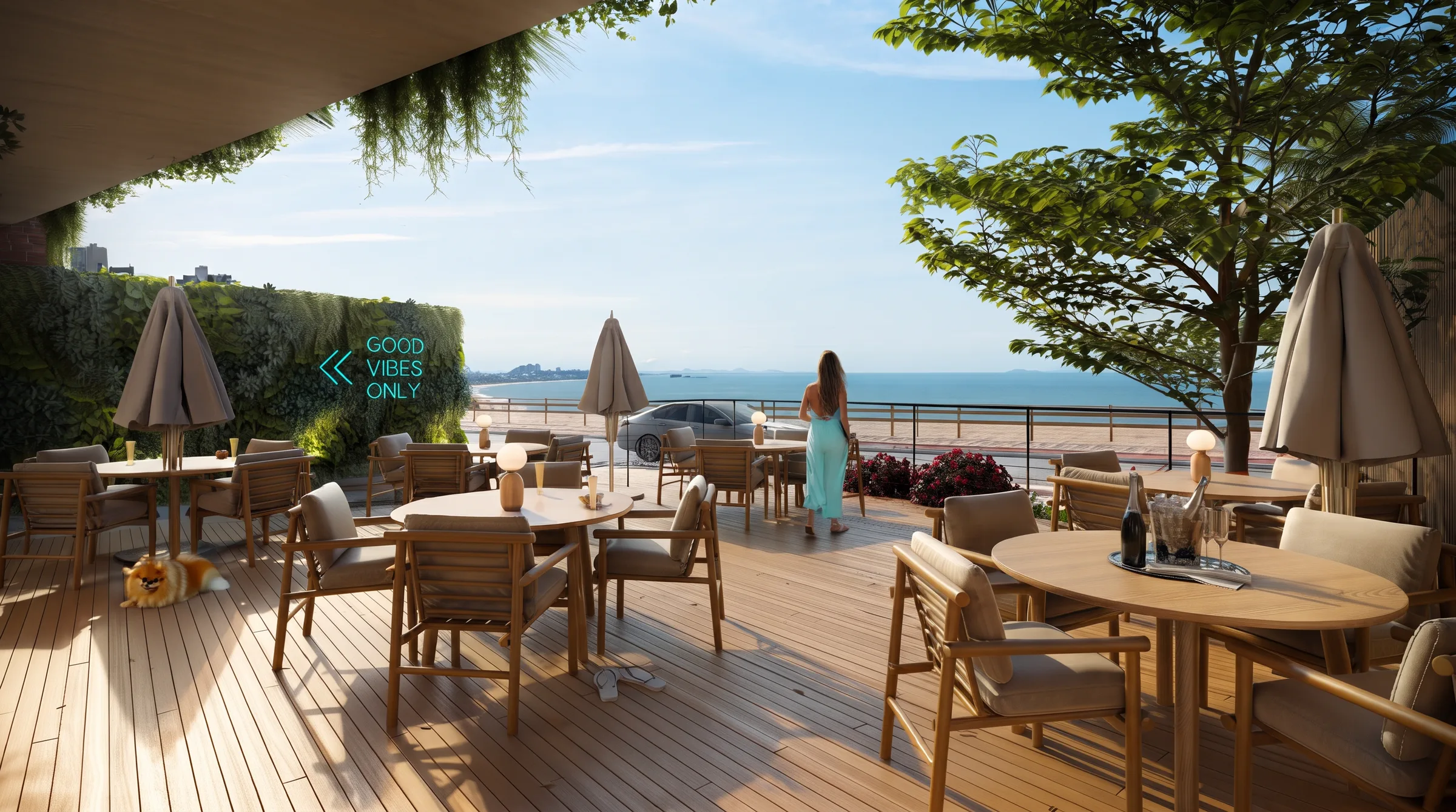 Terraço do Soho WOW Boulevard com mesas de madeira sob guarda-sóis, voltado para a faixa de areia e o mar de Balneário Piçarras.