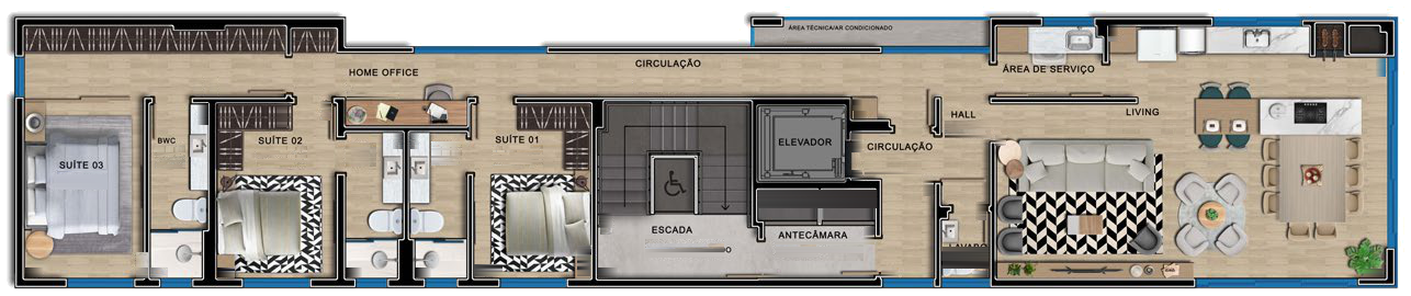 Planta do apartamento do Kowalski Residencial, com três suítes e living integrado.